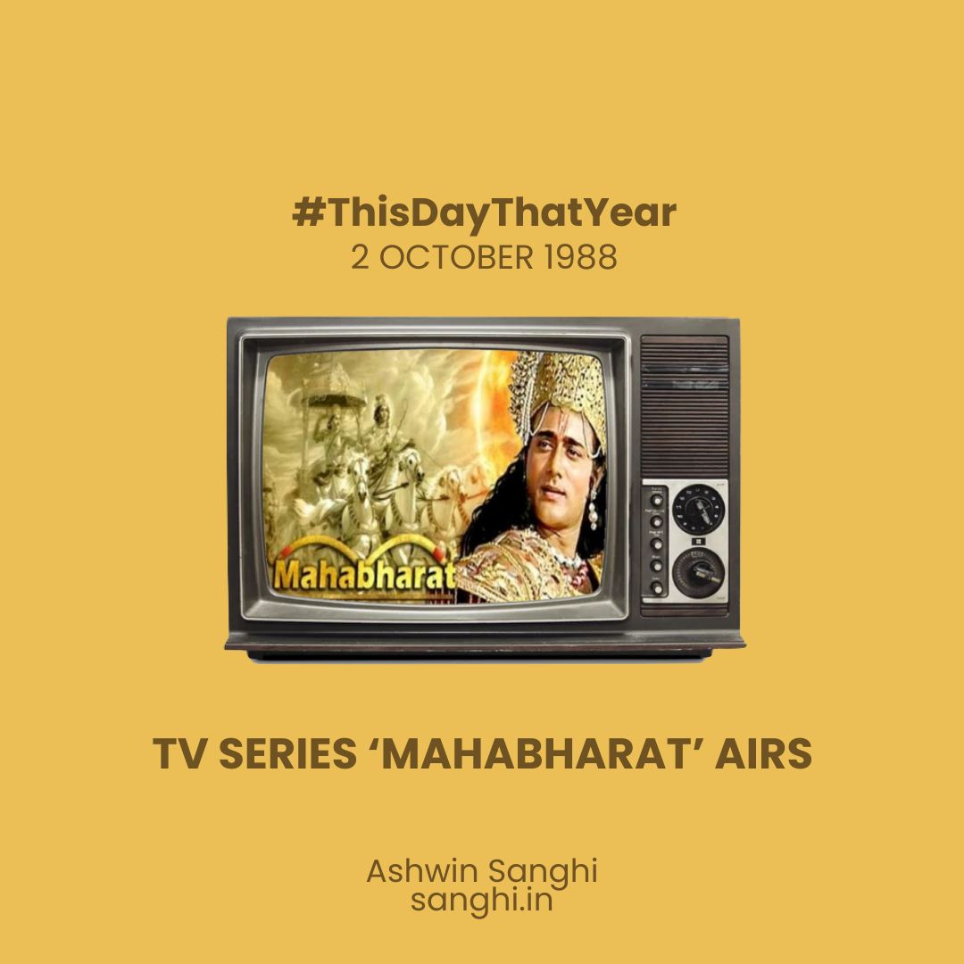 ashwinsanghi's tweet photo. #ThisDayThatYear | 2nd October 1988. Before binge-watching, there was one show that made a billion people wait each week. It started this day when the Mahabharat first aired on DD. 📺 https://t.co/nyidsLRGMb