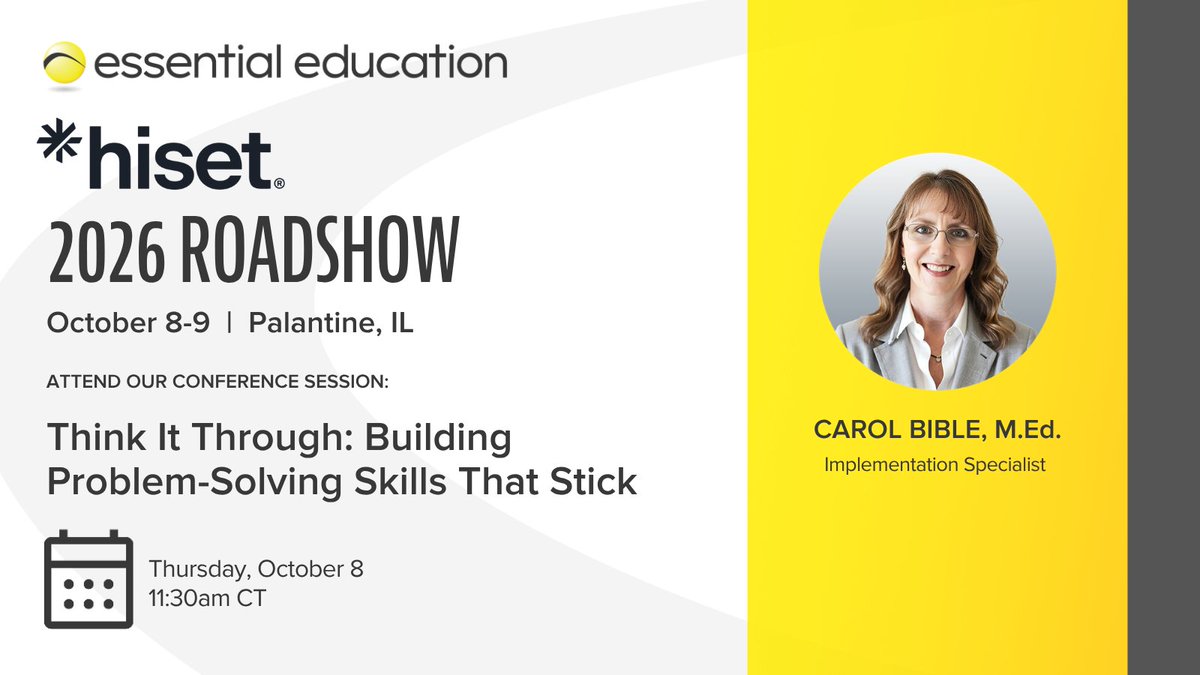 EssentialEd's tweet photo. Want to help your adult learners build confidence? 💪

Find us at the HiSET Roadshow to explore simple, practical strategies for everyday learning.

Plus, join our breakout session for hands-on tips to spark student motivation and independence.

@HiSETexam https://t.co/VV48HnY7mR
