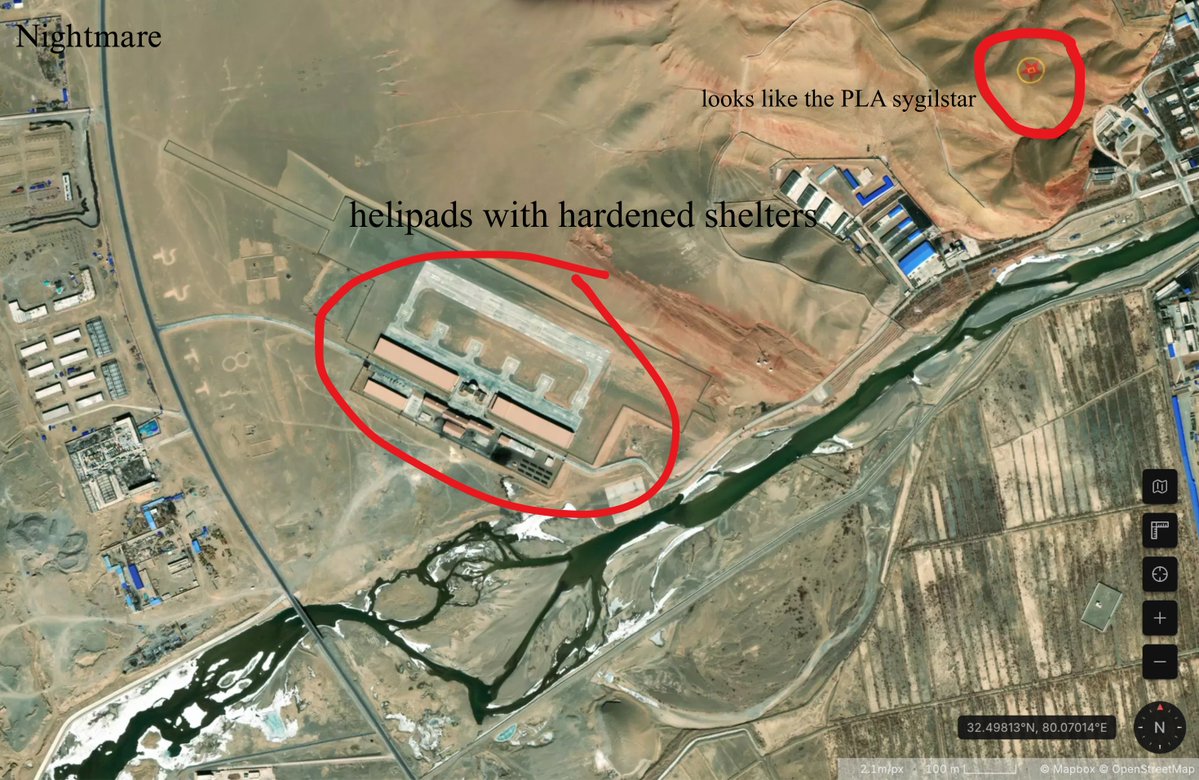 OsintNightmare's tweet photo. I have observed recent construction and military activity of the PLA(People's liberation Armed forces) across the Indian/Nepal border and  lets say they are extremely intresting .

The first image is from G42M+5QJ Shiquanhe, Gar County, Ngari Prefecture, Tibet (32.50045°N, 80.13440ºE though not updated in google maps with this latest imagery) we can see a huge town in the middle of a valley and it has a solar farm present next to quite a large Waste to power plant (my best guess), we can also see lots of construction activity going on around this structure .

The second image is from the same area just a little upwards a dam is present  though not seen in the image but whats more intresting is below the dam we can see a pit lake sort of area (again not updated in G earth its just a mud pit there) , and we can see the town spreading till here .

Third image is south of Gar county (32.42814°N, 79.99714°E) and shows a structure that looks like a maze which might  be a PLA training camp with structures built using sandbags or bricks , right outside this frame i noticed a huge camp quarters possibly for the troops .

Fourth Image is  again from F3XC+732 Shiquanhe, Gar County, Ngari Prefecture, Tibet, China(32.49813, 80.07014) and we can see multiple helipads with hardened shelters , this is located at the western end of the town/county but what catches my eye is this intresting symbol on the ground which resembles the PLA star/emblem on the top right of the image (can anyone tell what this exactly is).

I will look more into the buildup along the Indian border as this is vital knowledge to see whats going on in the otherside , i will try to upload more images as soon as possible .

Images sourced from Sentinal satellite aswell as Google Earth is used for reference (this is outdated).