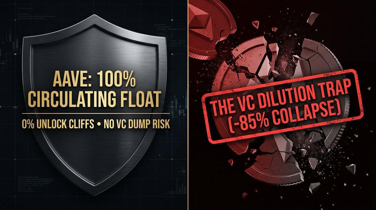 TheStrategistC's tweet photo. 2. The Float Reality: Zero Dilution Cliffs 🛡️

Why did retail lose 80% to 90% buying shiny 2024 infrastructure tokens?

Because they bought 5% circulating floats with billions in venture unlocks dumping on their heads every single month.

Now look at Aave tokenomics:
• Total Supply: 16,000,000 tokens
• Circulating Supply: 15,000,000+ tokens (~94% circulating float)
• VC Unlock Cliffs: ZERO.
• Insider Dumps: ZERO.

Every single early venture fund from 2017 to 2020 has already vested and exited years ago. When you hold Aave, you are not acting as exit liquidity for Silicon Valley funds. You own a scarce, fully matured asset.
