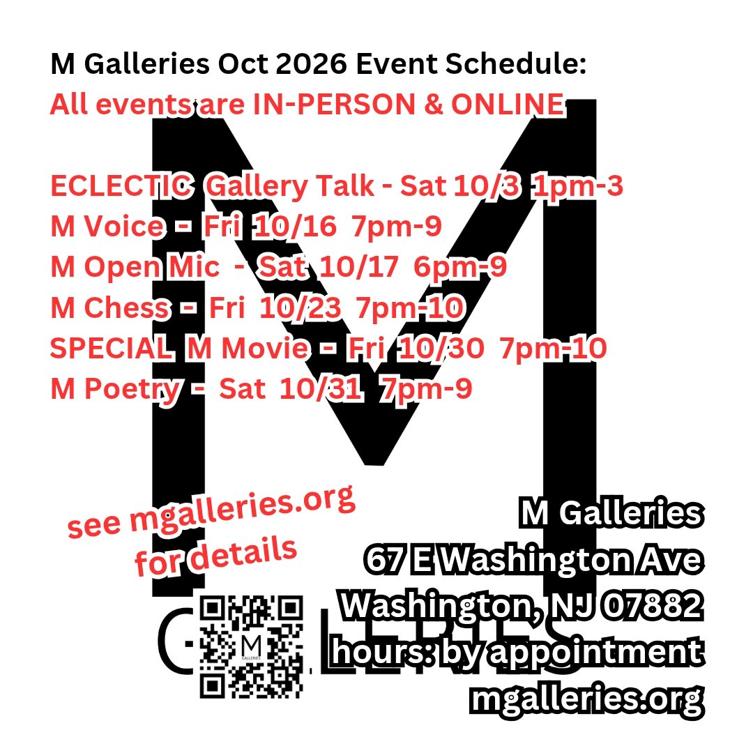 mgalleriesmob's tweet photo. M Galleries Oct 2026 IN-PERSON &amp; ONLINE Event Schedule:
-
All events are IN-PERSON at M Galleries @m_galleries 67 E Washington Ave. Washington, NJ 07882 &amp; ONLINE via: https://t.co/xMHr6xhncG (EDT)
-
See https://t.co/UXP8T8i4FV for details
-
#art #artexhibit #events #mgalleries https://t.co/p29VLPS06Q