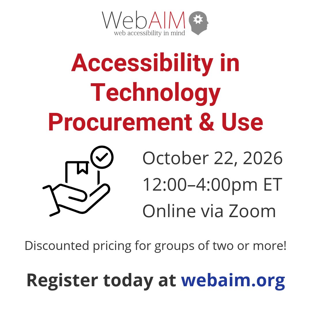 webaim's tweet photo. Accounting for accessibility in third-party tech decisions is essential. Join us on Oct 22 (12-4 pm ET) for our Accessibility in Tech Procurement workshop. Learn to evaluate tools, leverage VPAT/ACRs, and vet vendors.

Register now: https://t.co/YNgR8hrTX0 https://t.co/EeTUzRAk8z