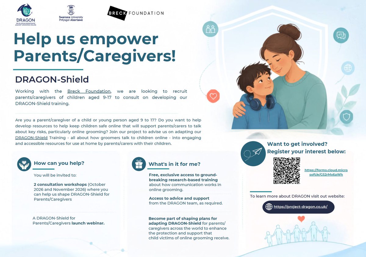 BreckFound's tweet photo. Parents and carers of 9 to 17-year-olds: help us shape DRAGON-Shield, new research-based resources to help families talk about online grooming. 2 workshops, Oct and Nov 2026, with free training included.
Register: https://t.co/KsKOLEWuIg
#OnlineSafety @ProjectDragon_s https://t.co/PVDOX8Q9LK