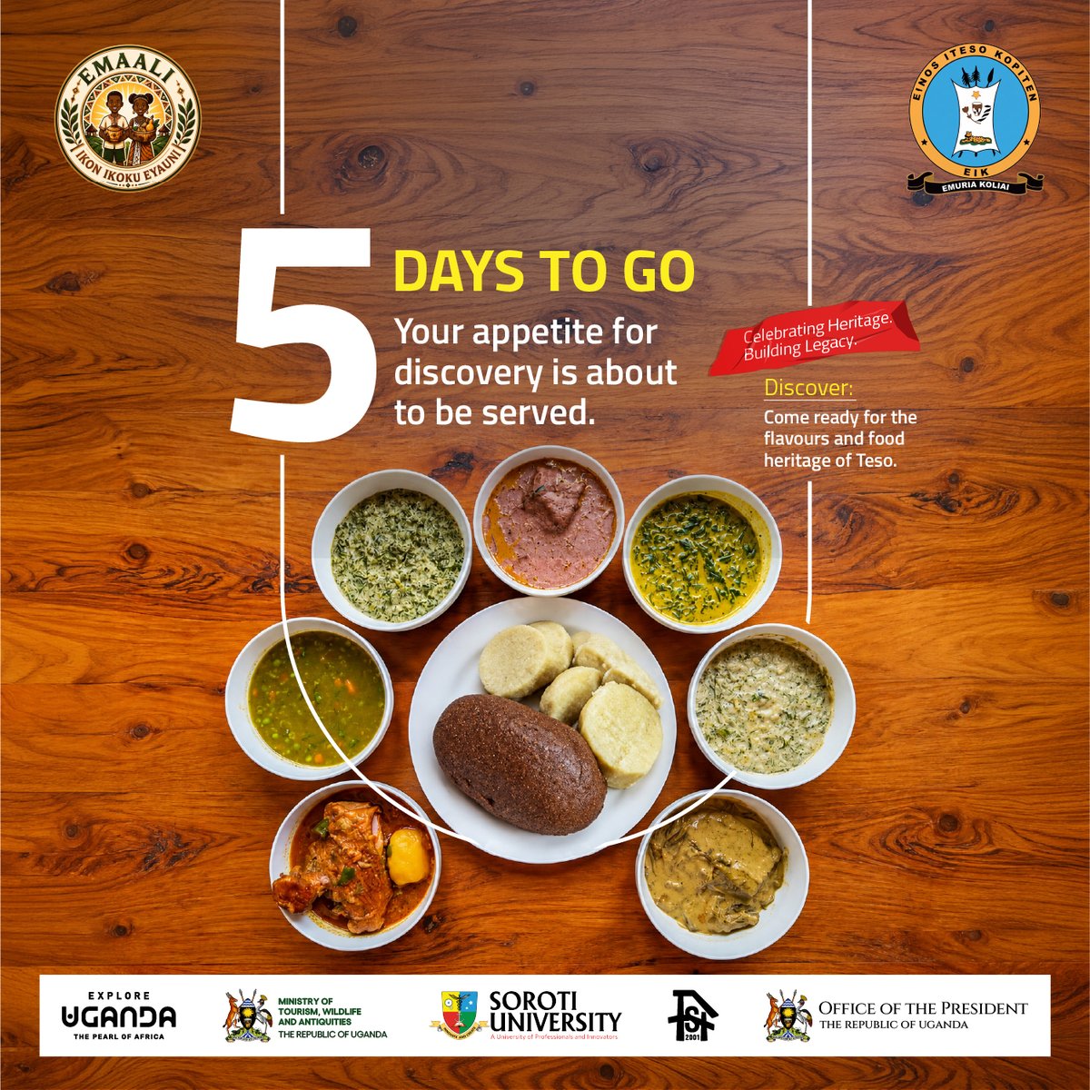 ExploreUganda's tweet photo. 𝗙𝗶𝘃𝗲 𝗱𝗮𝘆𝘀 𝘁𝗼 𝗴𝗼. 𝗖𝗼𝗺𝗲 𝘄𝗶𝘁𝗵 𝗮𝗻 𝗮𝗽𝗽𝗲𝘁𝗶𝘁𝗲.

Teso’s food heritage is one of the reasons to make time for the EMAALI Cultural Festival. 

Bring your curiosity to the table and discover flavours you’ll want to tell someone about.

📍: 24th –25th October  | Kololo Ceremonial Grounds. 

#ExploreUganda | #EmaaliCulturalFestival