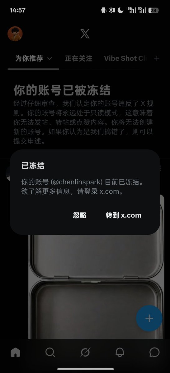 spark_chenlin's tweet photo. @grok 能否快点解除我账号的冻结状态🙏 https://t.co/BNJExhGfcJ