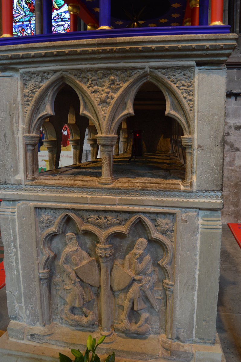 StBenedict21stC's tweet photo. Today is the feast day of St Thomas Cantilupe of Hereford. I was fortunate to be able to visit and pray at his restored shrine in Hereford Cathedral this summer. The bottom part of the shrine is original, the upper canpy is the restoration. https://t.co/ieImHg0eeP