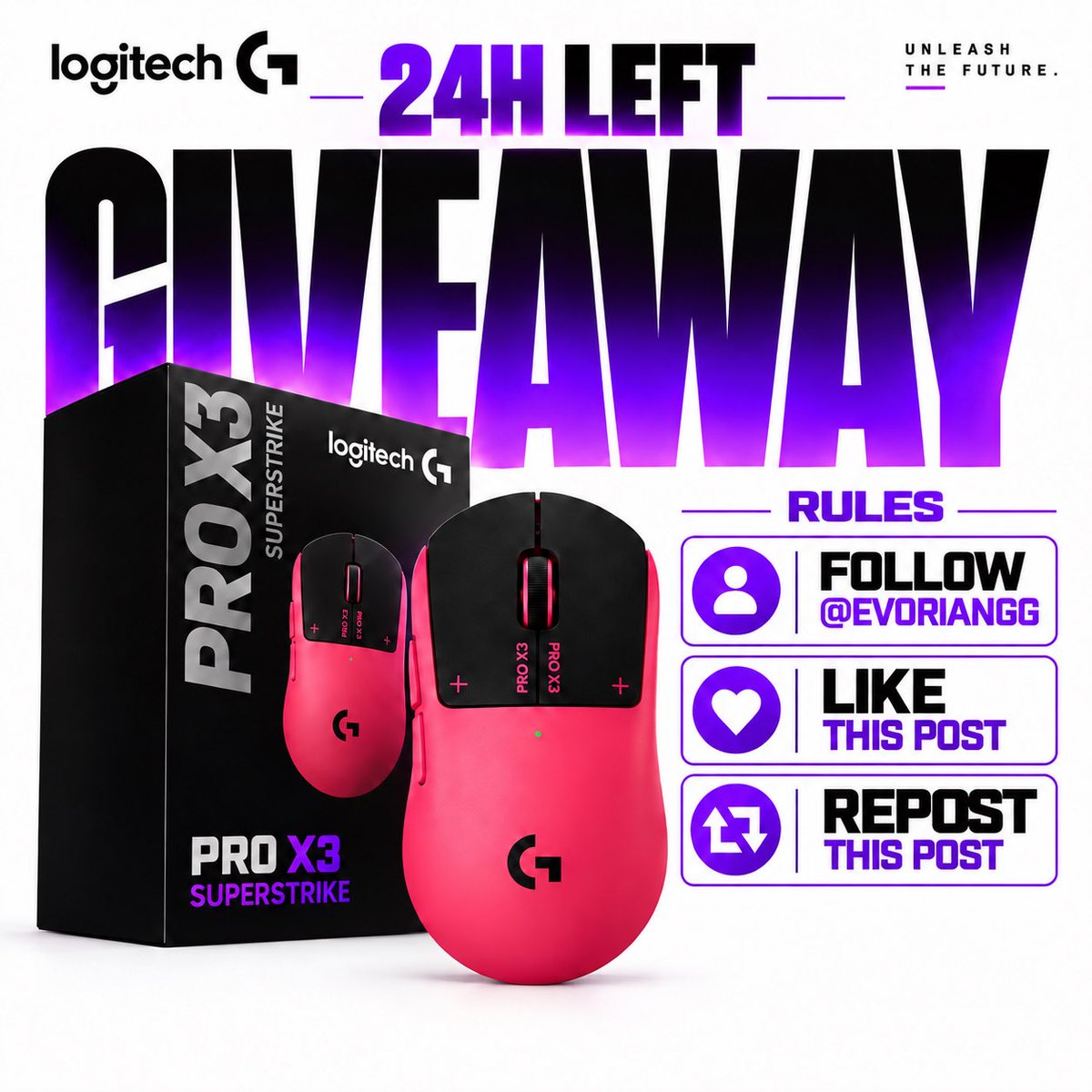 EvorianGG's tweet photo. ⏳ 24 HOURS LEFT

All entries for our Logitech G PRO X3 SUPERSTRIKE Giveaway close in just 24 hours.

Steps :

Follow , like , retweet ✌️💜

🎁 Winner announced in 48hours
Good luck everyone. 💜
#logitech #superstrike #giveaway #esports #evoriangg https://t.co/OazqSjeUl4