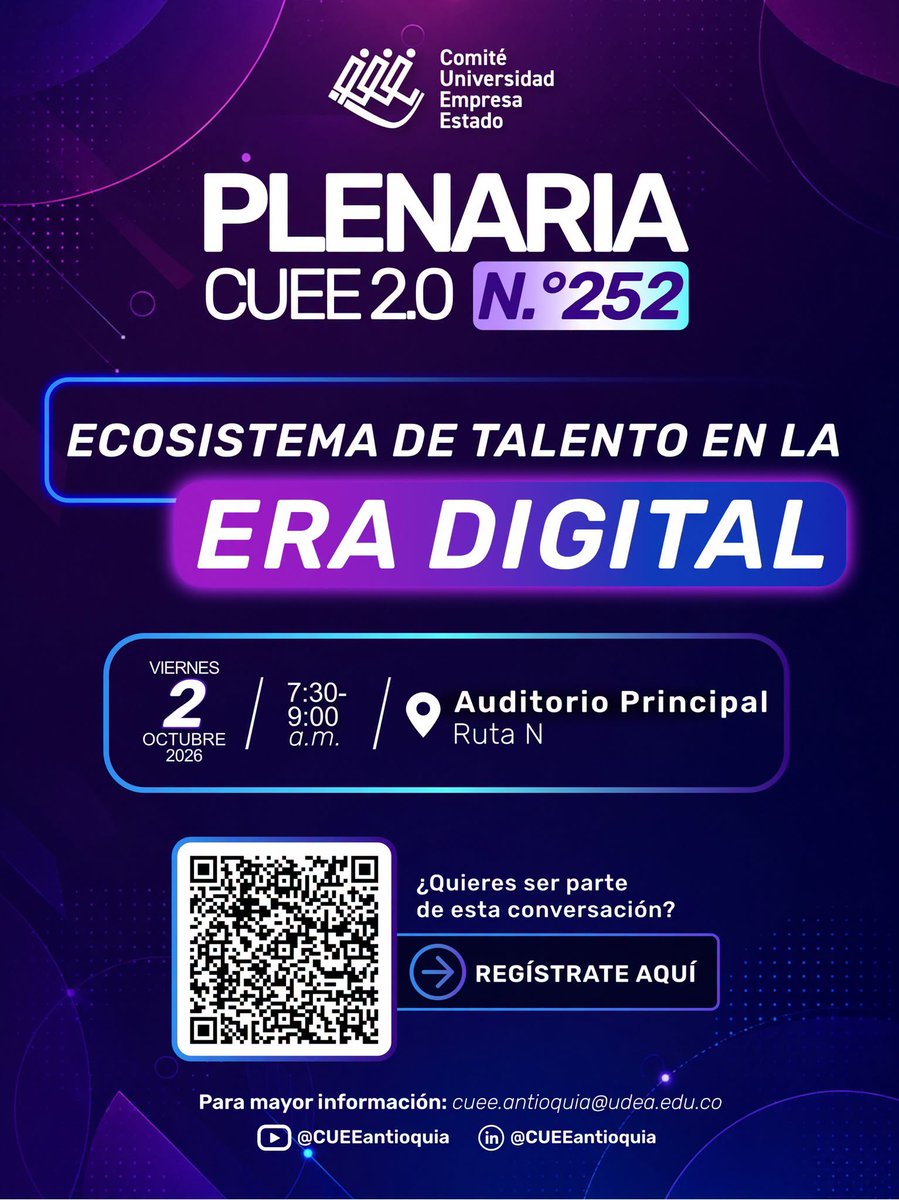 UdeA's tweet photo. 👏  ¡Bienvenidos a la plenaria 252 del Comité Universidad Empresa Estado #CUEE2_0!  En esta oportunidad vamos a conversar sobre los retos y oportunidades en este 2026.   

 📲 ¡Conéctate! enlace de Youtube: https://t.co/g0S3W8KKHh https://t.co/lWhSDwM7Zv