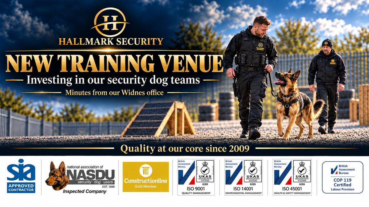 HallmarkSec's tweet photo. We’ve secured a training venue minutes from our Widnes office, helping bring training and assessment for our security dog teams back in-house.

Investing in our handlers, dogs and standards. Quality at our core since 2009.

Watch this space! #HallmarkSecurity https://t.co/4o0V2hBqaX