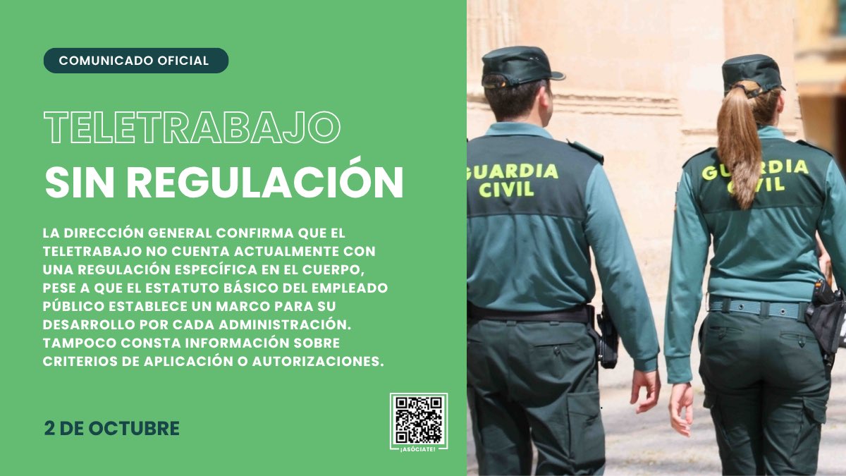 JucilInforma's tweet photo. 🟢 JUCIL informa: TELETRABAJO 

YA NO HAY EXCUSAS.

Para más ℹ️ pincha aquí 

https://t.co/0iCB52DtHt

La propia DGGC confirma a @jucilnacional que existe un marco básico para el teletrabajo, pero la @guardiacivil sigue sin una regulación específica para su personal.

📢 Desde @JucilInforma exigimos reglas claras, derechos definidos y criterios transparentes.

La conciliación y la modernización del servicio no pueden seguir dependiendo de la falta de desarrollo normativo.

@jucilnacional seguirá trabajando para que la @guardiacivil tenga los mismos derechos y oportunidades que corresponden a una Administración moderna.

#JubilacionDignaYa
#ProfesionDeRiesgoYa 
#EquiparacionYa 

💚ASÓCIATE A JUCIL 🇪🇸
