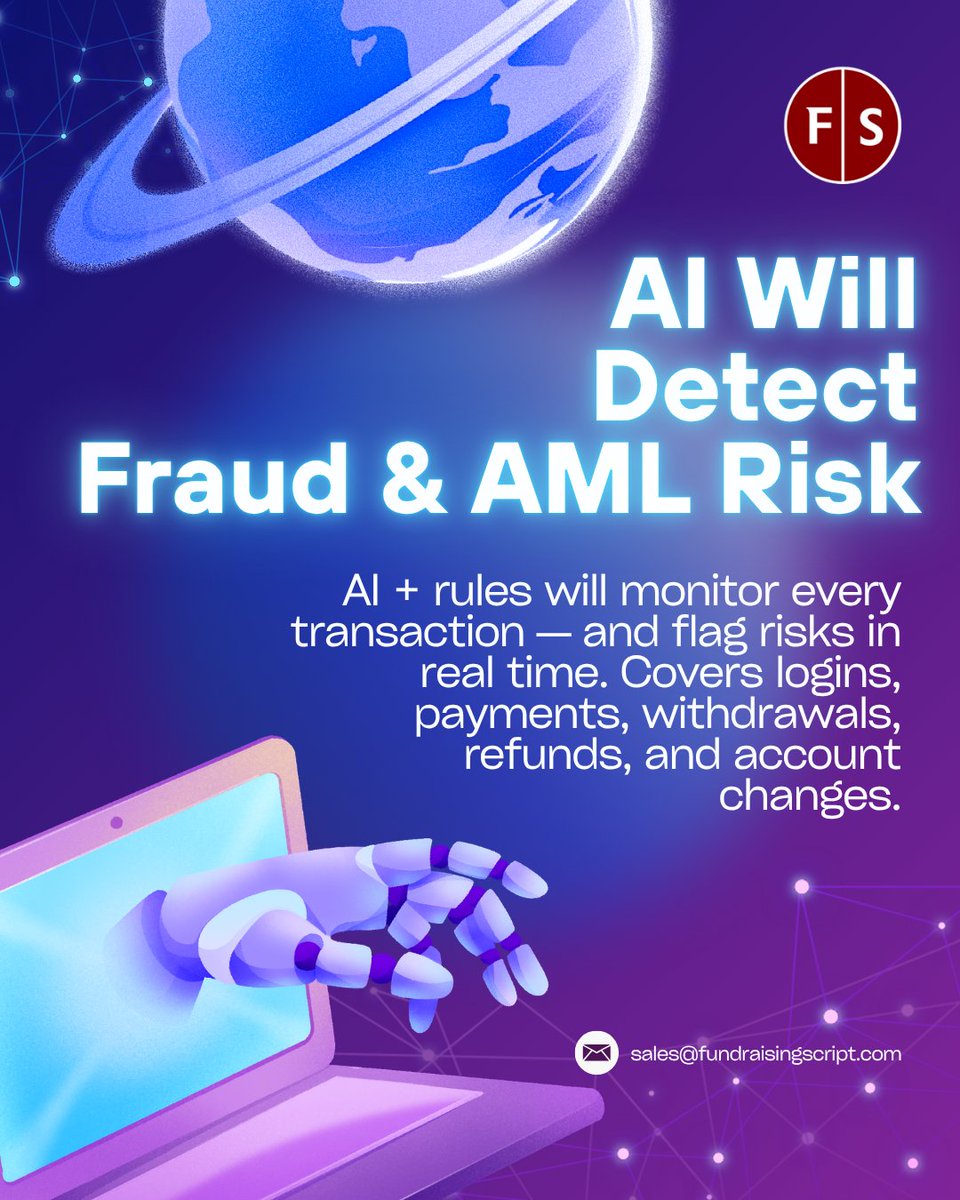 fundscript's tweet photo. AI + rules catch fraud and AML risks in real time. For more details, visit our website, link in bio! 🔗

#frauddetection #aml #fintech #aiinfinance #cybersecurity https://t.co/Nu4AAGCg39