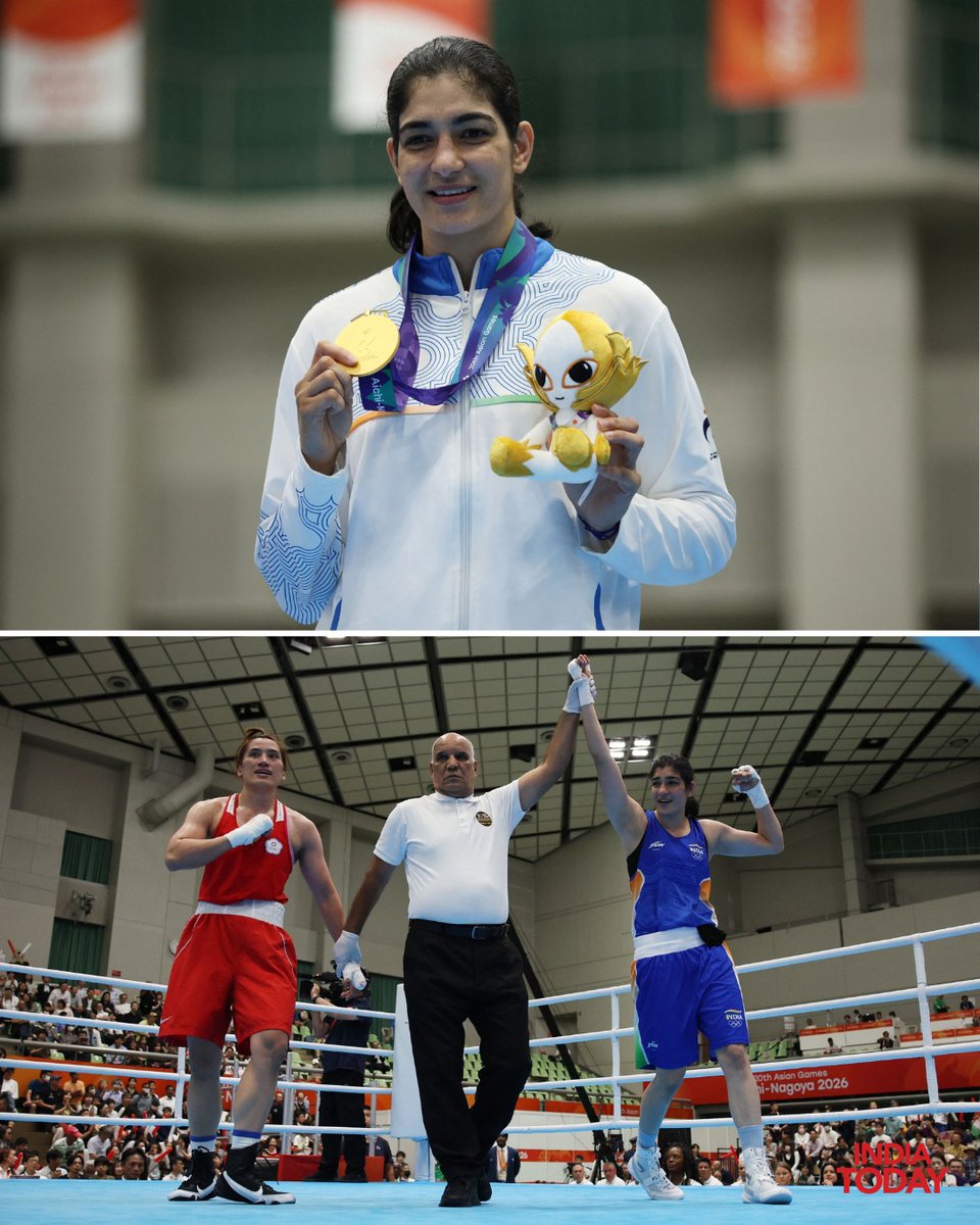 IndiaToday's tweet photo. India’s Parveen clinched the gold medal in the women’s 65kg boxing event at the Asian Games 2026 in Nishio, Japan, on October 2. Taiwan’s Nien-chin Chen won silver, while China’s Shu Li took bronze.
#AsianGames2026 #Parveen #Boxing #TeamIndia #AichiNagoya2026 #ITPhotoblog https://t.co/QV5Q3vj3Sq