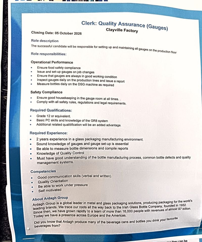 RMakukuli's tweet photo. 📢 ARDAGH GROUP IS HIRING

💼 Quality Assurance Clerk
📍 Plant: Clayville

📅 Closing Date: 05 October 2026

📧 How to Apply:
Send your CV to ZACLV.Recruitment@ardaghgroup.com

👉 Share this opportunity with someone who may qualify. https://t.co/P93Ix7J73l
