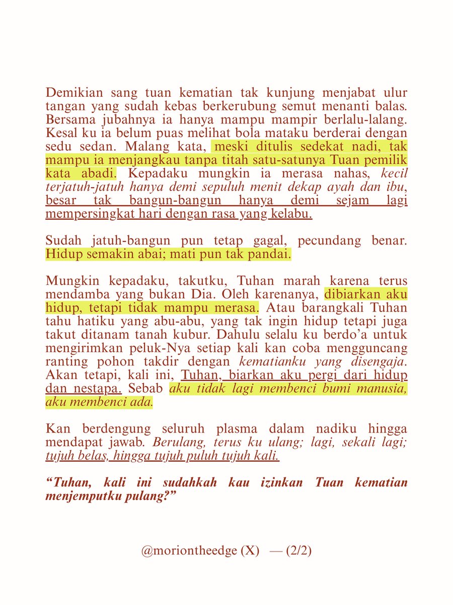 moriontheedge's tweet photo. Tuhan, bagaimana dengan malam ini, sudahkah kau izinkan Tuan Kematian menjemputku pulang?
TW // suicide attempt https://t.co/FYApKalTC9