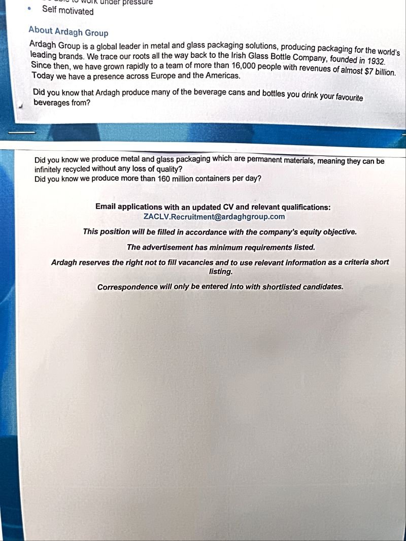 RMakukuli's tweet photo. 📢 ARDAGH GROUP IS HIRING

💼 Quality Assurance Clerk
📍 Plant: Clayville

📅 Closing Date: 05 October 2026

📧 How to Apply:
Send your CV to ZACLV.Recruitment@ardaghgroup.com

👉 Share this opportunity with someone who may qualify. https://t.co/P93Ix7J73l