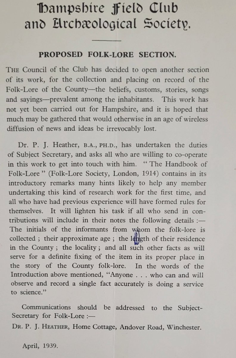 HantsArchives's tweet photo. The #ExploreYourArchive theme for Octis #EYAFolklore. In 1939 a Folklore section of the Hampshire Field Club and Archaeological Society was proposed and subsequently formed. It continued until the late 1950s. (215M85/89) #hampshirearchives #HampshireHeritage #Hampshirefieldclub https://t.co/vGdW4sOdso