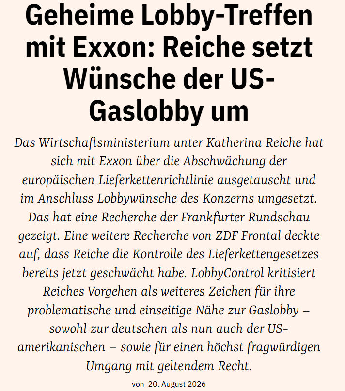 RolandFaude's tweet photo. Frau Reiche liefert mal wieder die Blaupause für Perfektion in Sachen Lobby-Liebedienerei: Erst schreibt man sich mit E.ON und US-Konzernen die Gesetze zum europäischen Lieferkettengesetz passend zurecht, und danach stutzt man gleich noch die Kontrollbehörden so weich, dass von den Vorgaben nur noch ein zahnloser Papiertiger übrig bleibt.
Warum auch Gesetze durchsetzen, wenn man die Wunschzettel der Großkonzerne direkt im Ministerium abarbeiten kann? Das ist kein Regieren mehr, das ist betreutes Wirtschaften für die Lieblingslobbys – während im Maschinenraum des Staates der Rechtsstaat leise beerdigt wird.😌