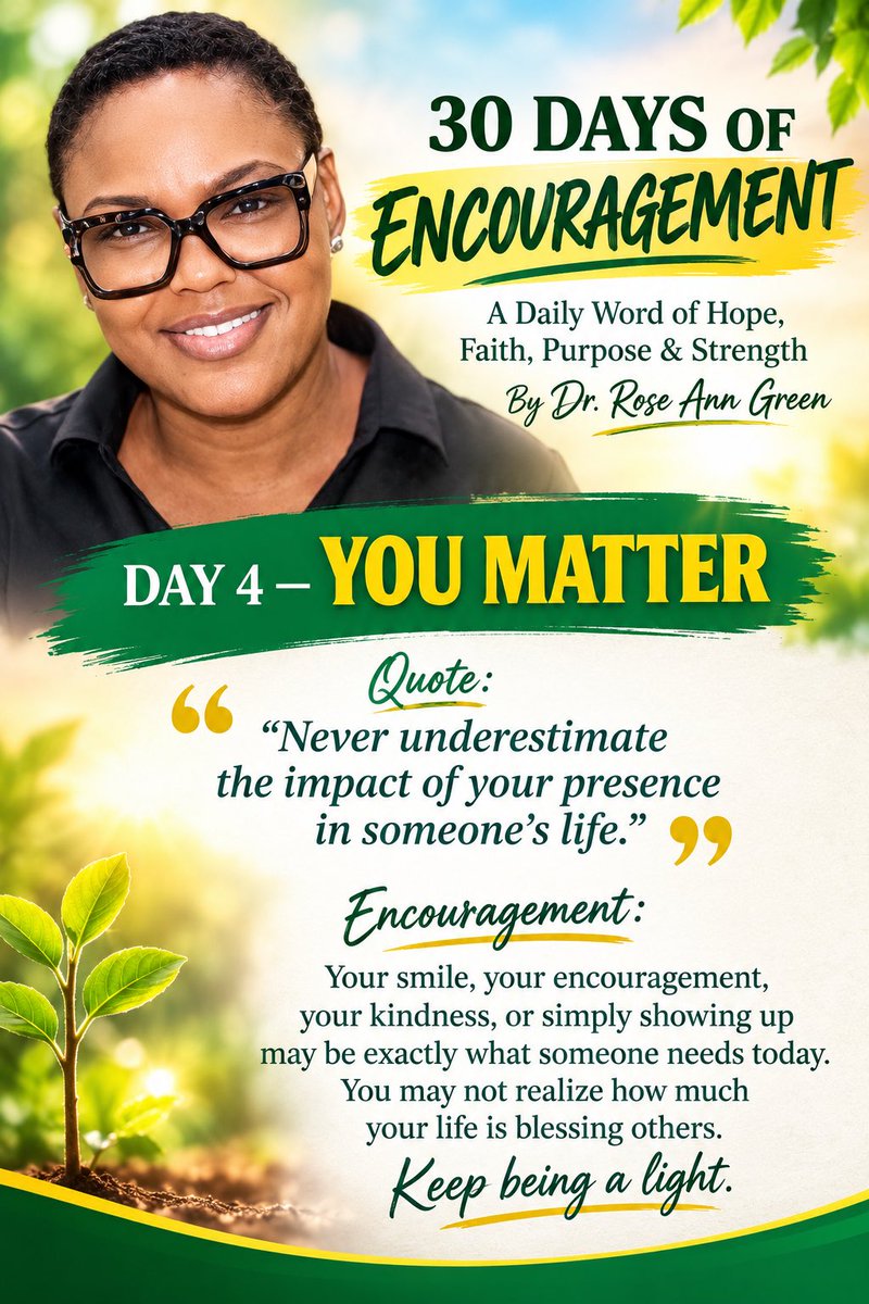 rosencu's tweet photo. DAY 4 - YOU MATTER

Sometimes we don’t realize how much our presence means to others. A simple smile, a kind word, a listening ear, a word of encouragement, or simply showing up can make a difference in someone’s day. #youmatter #Purpose #happiness #faith #joy #encouragement https://t.co/8MyzMS8moo