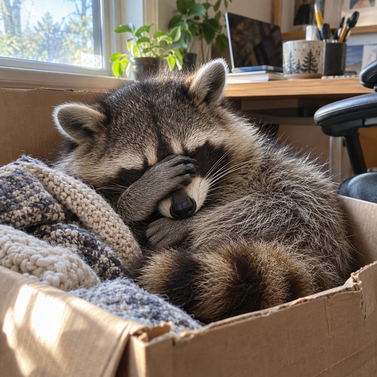 gridbarter's tweet photo. Nap Committee $NAPS
A raccoon asleep in a cardboard box next to the home office desk. The committee met, the vote was unanimous, the motion is to nap. https://t.co/RQmo0T4o1S