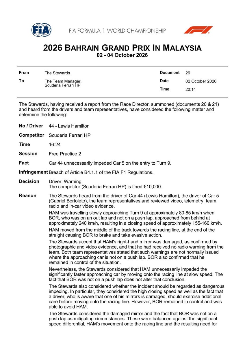simscircuit's tweet photo. 🚨| No penalty for Car 44. Warning given.

'The Stewards accept that HAM's right-hand mirror was damaged, as confirmed by photographic and video evidence, and that he had received no radio warning from the team.' https://t.co/MJ2PZZ1CH9