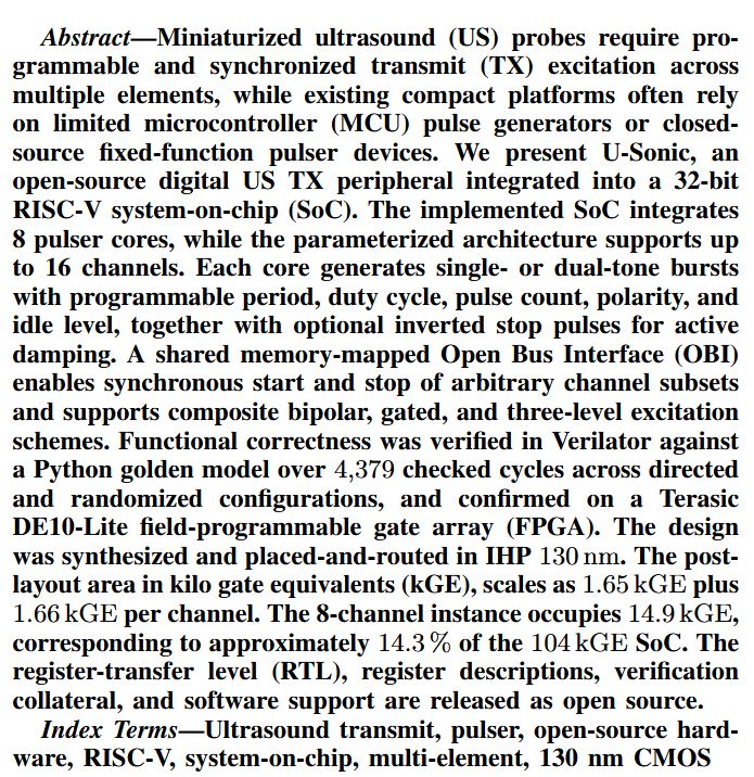 pulp_platform's tweet photo. We present "U-Sonic: An Open-Source 8-Channel Ultrasound Transmit IP in a 130 nm RISC-V SoC, a compact and reproducible TX subsystem for multi-element US front-end research. Check out https://t.co/tEldUXIfVF. Have a great weekend! https://t.co/wcxD00UOii
