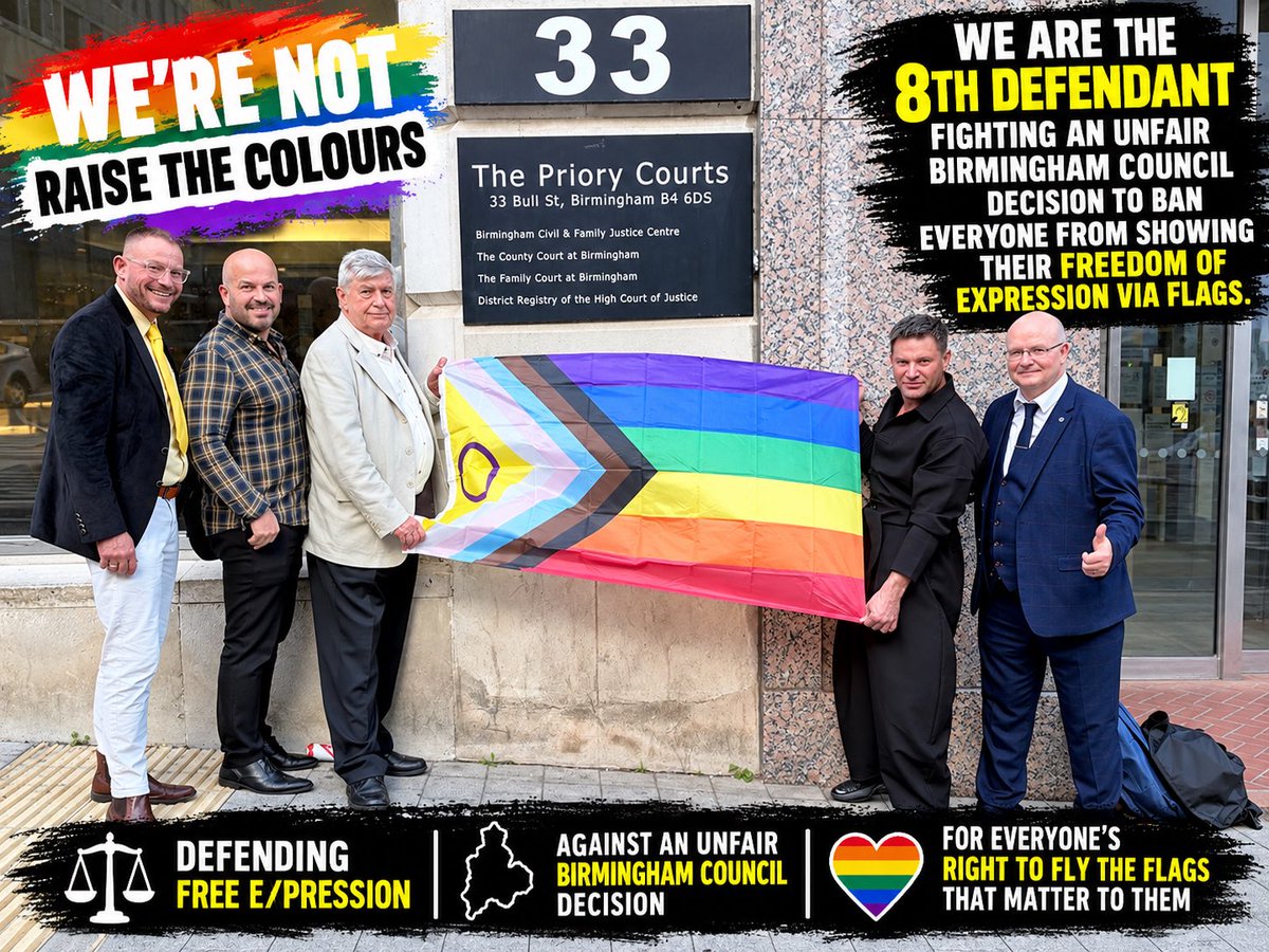 AdamBiggs15's tweet photo. We stand as the Birmingham Five, the eighth defendant in a fight that’s about all of us. This isn’t just about flags on lamp posts. It’s about the right to be seen, to speak, to belong. Today it’s flags, tomorrow it could be any sign of who we are. We won’t let that space close. https://t.co/hjQ4V8WY8y