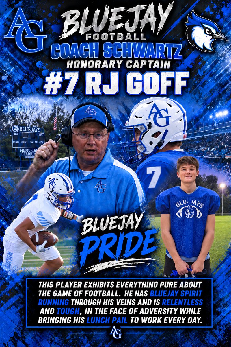 AGBluejayFball's tweet photo. Coach rolled with adversity that he couldn't control by leaning on what he did well. We plan to do the same, giving up a home game for better field conditions. Congrats to #7 RJ Goff earning Coach Schwartz Captain against the Falcons!
*Thank You DC West for being accommodating! https://t.co/42PhC7sIGL