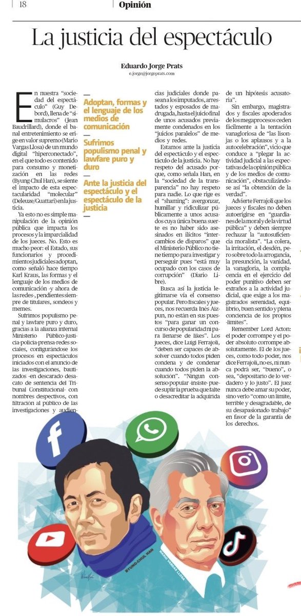 jorgepratsac's tweet photo. Eduardo Jorge Prats (@EdJorgePrats), reflexiona hoy en @PeriodicoHoy sobre “La justicia del espectáculo”, el impacto de las redes sociales y los medios de comunicación en los procesos judiciales, y los riesgos del populismo penal y los llamados “juicios paralelos”. 

Lee el artículo completo en el link 👇