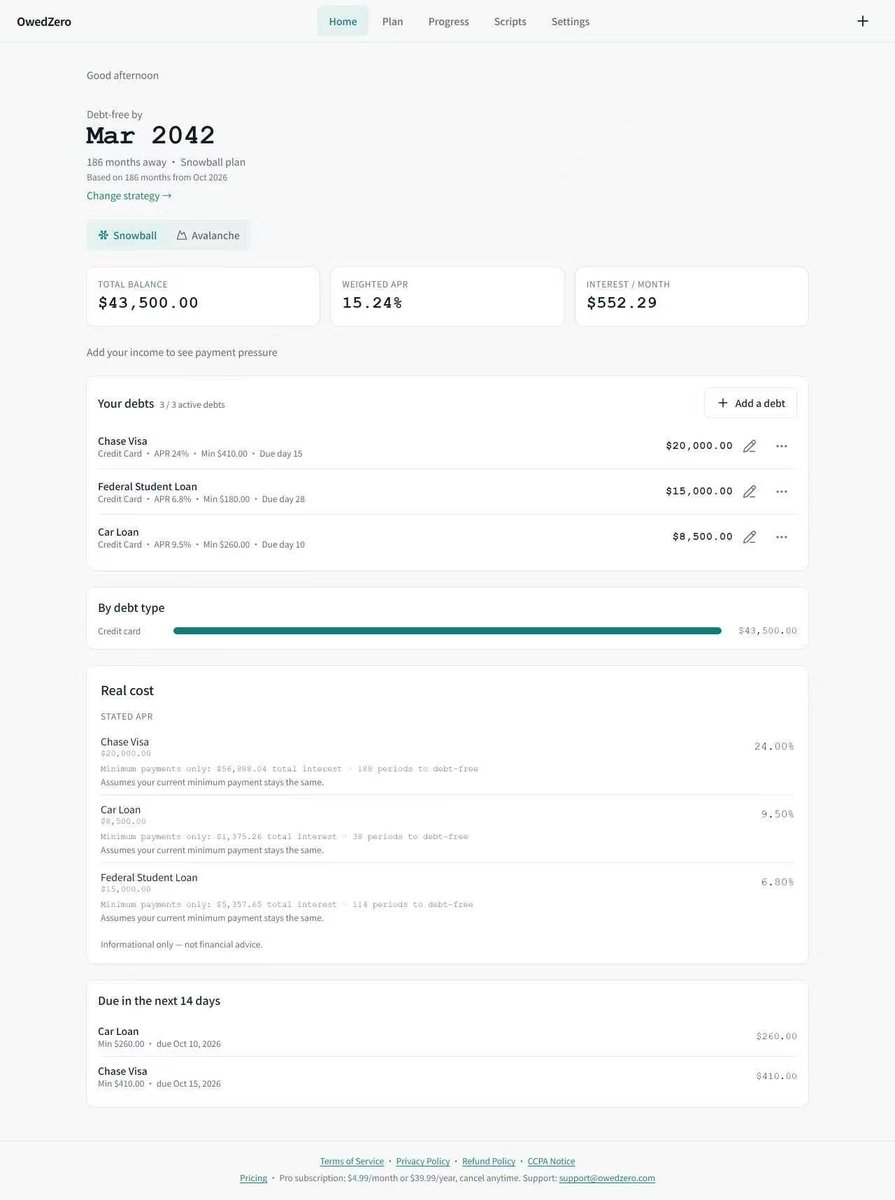 latouni2's tweet photo. No spreadsheet. No $100 app.
OwedZero compares snowball vs avalanche automatically and shows the real cost.
Free. Private. No account.
Calculations, not promises.
https://t.co/9qr6OQYJ1c
#debtpayoff #personalfinance #moneytips https://t.co/sTQMaF6vY6