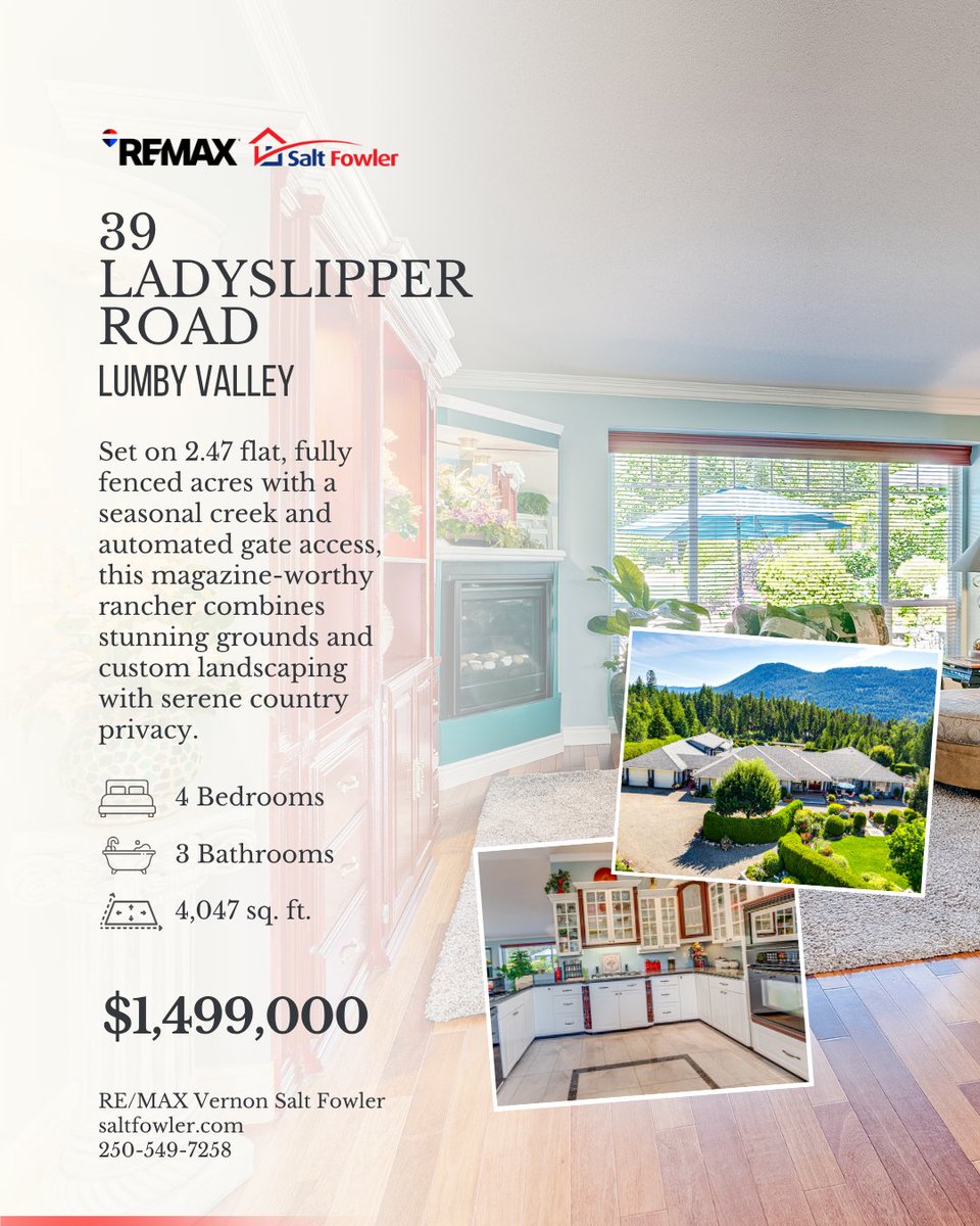 SaltFowlerBC's tweet photo. β¨ Magazine-worthy rancher set on a private, fully fenced 2.47-acre property in Lumby, complete with a seasonal creek, koi pond, and lush gardens.
π 39 Ladyslipper Road
π² $1,499,000
#JustAddSalt #SaltFowler #RemaxVernon #RealEstate #VernonRealtor https://t.co/FOsldg1wcj