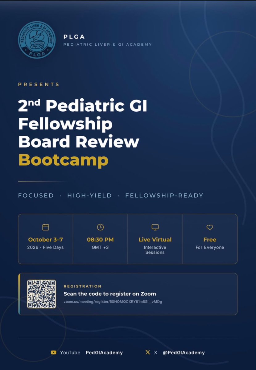PedGIAcademy's tweet photo. Starting tomorrow!

The 2nd Pediatric GI Fellowship Board Review Bootcamp runs October 3–7, 2026, with five live virtual evenings covering the pediatric GI curriculum through board-style MCQs, clinical cases, endoscopy images, histopathology, and high-yield review. PLGA_Bootcamp_Brochure_2026-3 copy.pdf

🕣 8:30 PM KSA, GMT+3
💻 Live virtual
🎓 250+ board-style MCQs
🆓 Free for everyone

Register here:
https://t.co/BKC3AwMqH6

#PediatricGI #PediatricGastroenterology #BoardReview #MedicalEducation #PHGIAcademy