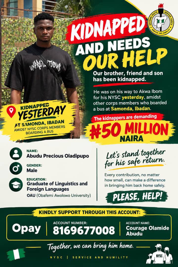 Mertenszn's tweet photo. My friend Abudu Precious Oladipupo, an OAU graduate, was reportedly kidnapped yesterday on the Onitsha–Owerri road while travelling to Akwa Ibom for NYSC, alongside other corpers.

₦50M ransom demanded.

Please pray, donate &amp; RT. 🙏🏽

Opay: Courage Olamide Abudu —8169677008 https://t.co/DWuycJa5cB