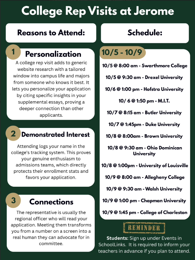 DJHSguidance's tweet photo. College Rep Visits at Jerome: Week of 10/5 - 10/9
@dublinjeromehs
Students Log in to your SchooLinks account to sign up! https://t.co/JDw5EBcnk5