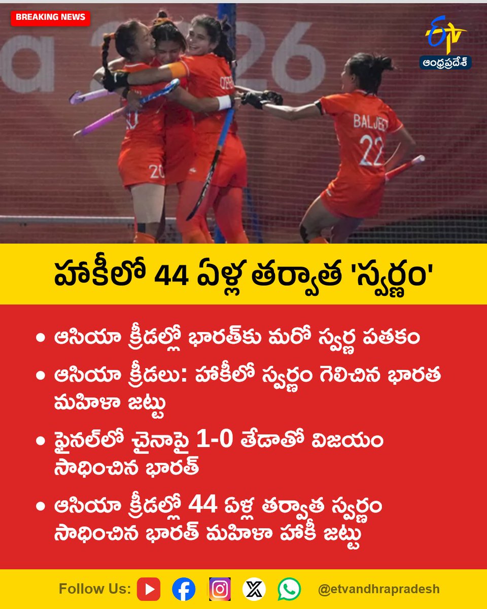 etvandhraprades's tweet photo. హాకీలో 44 ఏళ్ల తర్వాత 'స్వర్ణం'

For More LIVE Updates Click This Link
https://t.co/eltbdVshne

#AsianGames
#IndianWomensHockey
#HockeyGold
#AsianGames2026
#44YearsLater
#Etvapbreaking https://t.co/FDQxV8IDj7