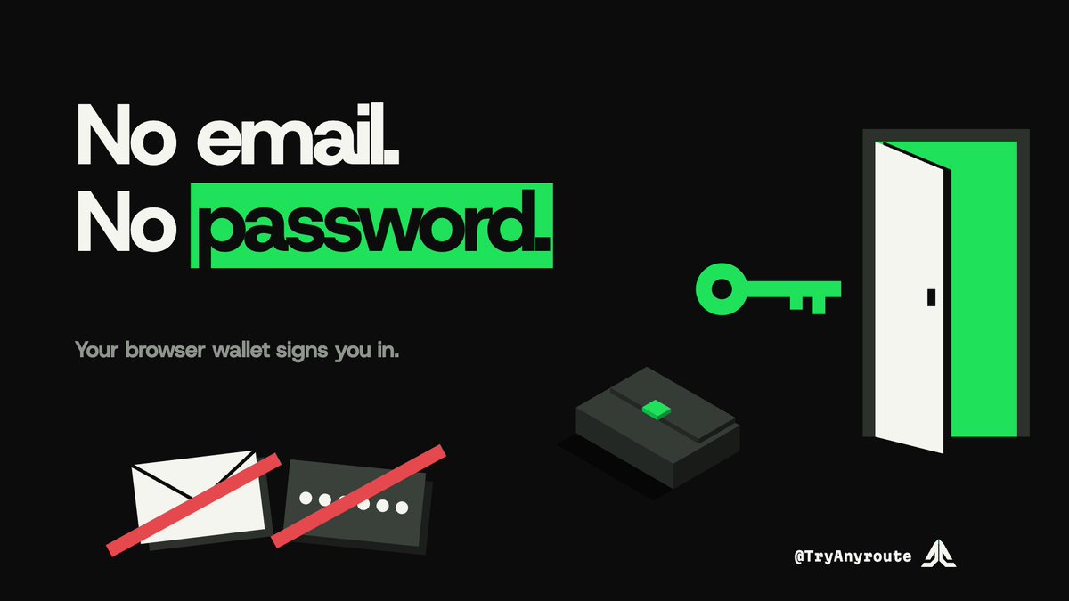 TryAnyroute's tweet photo. No email. No password.

Browse the dashboard signed out and see what each section does before creating an account. When you are ready, connect your browser wallet.

One signature signs you in and creates an API key.

https://t.co/xd2Ap148ig https://t.co/muOnrE8Yun