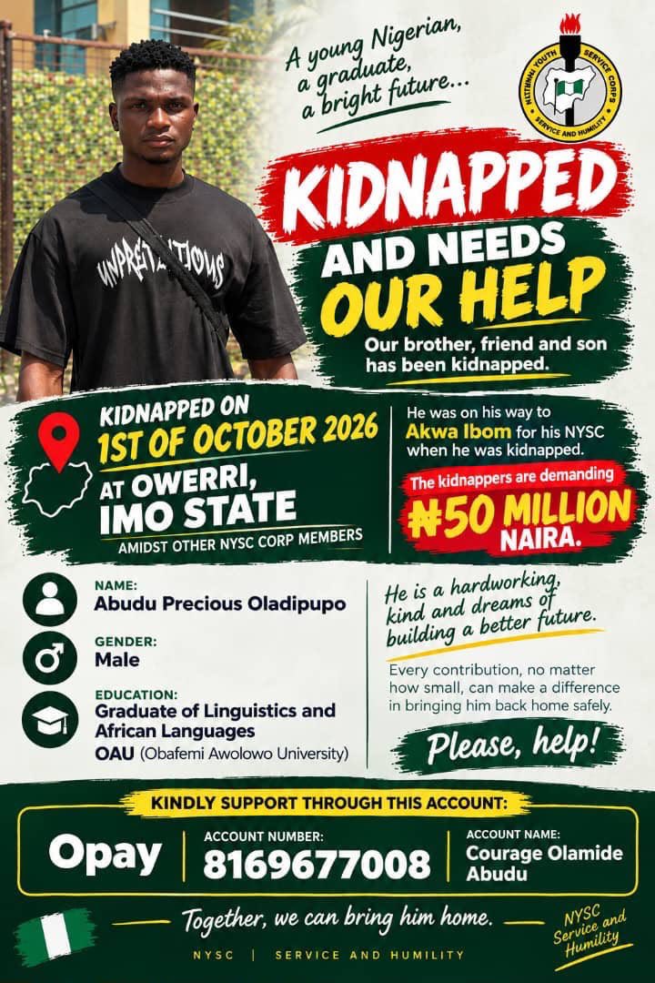 PraiseAjala's tweet photo. URGENT APPEAL FOR HELP 🙏🏽

Our brother, friend and son, Abudu Precious Oladipupo, a graduate of Linguistics and Foreign Languages from Obafemi Awolowo University (OAU), has reportedly been kidnapped while on his way to Akwa Ibom for his NYSC service. https://t.co/7iFz5Cbmi9