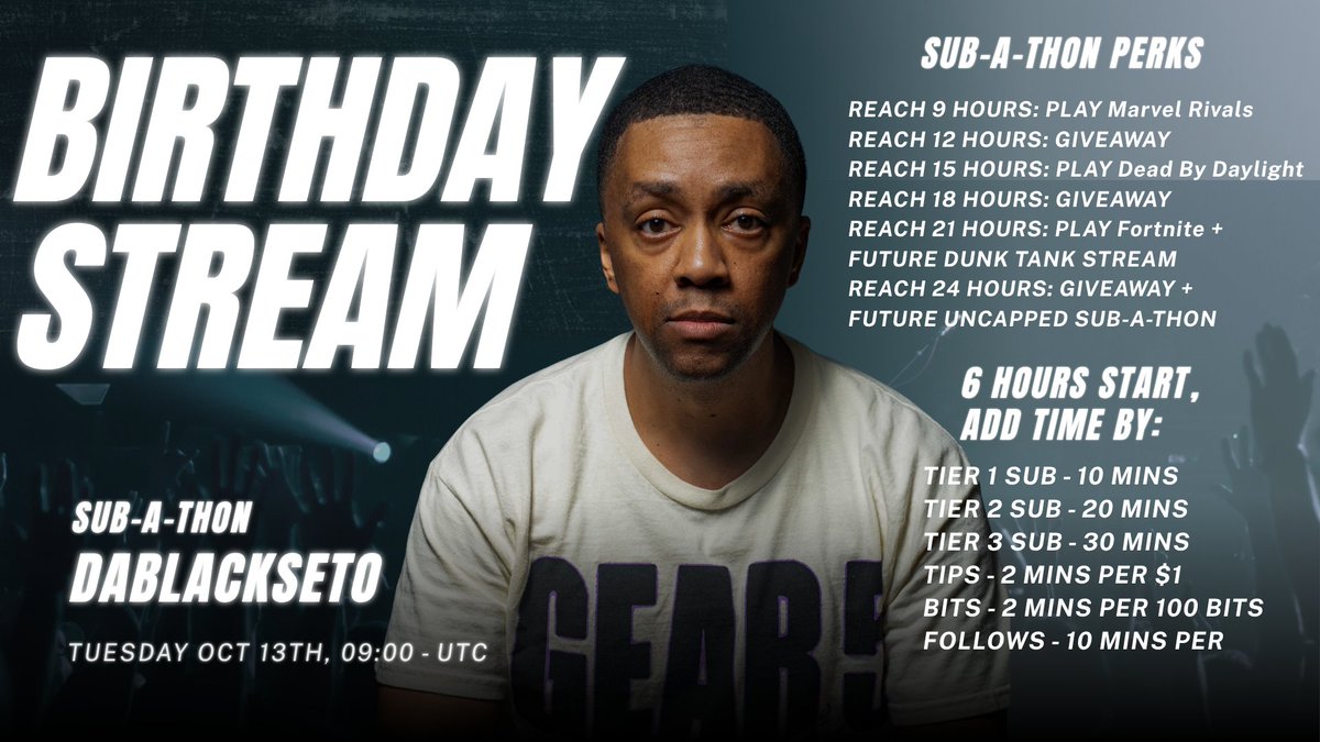 dablackseto's tweet photo. It's that time of year when we #celebrate well, ME😅. Join us over on Twitch for some fun and games.  With your support we will have a Dunk Tank Stream in the future.  See you there!!! #birthday #teamb42 https://t.co/RNa0OMHWra