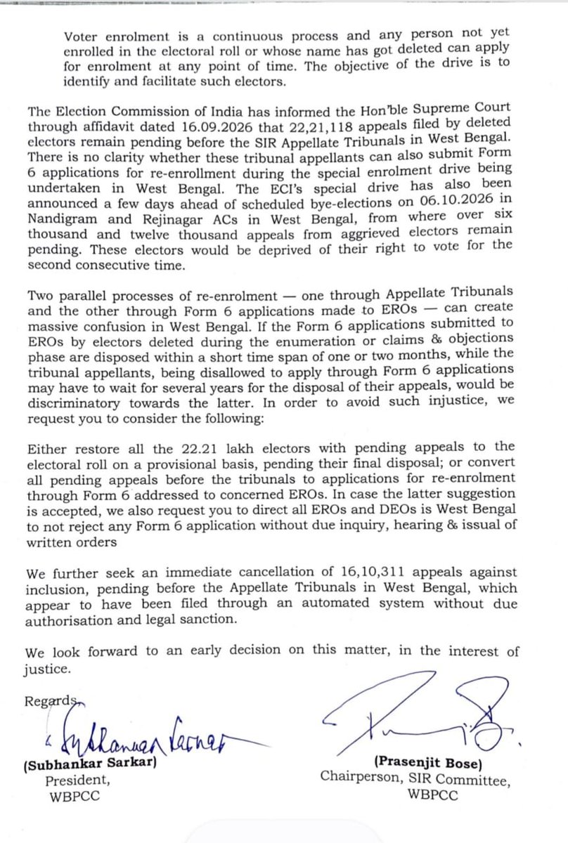 INCWestBengal's tweet photo. Shri @subhankar_cong , President, WBPCC has written a letter to the @ECISVEEP today, seeking clarification on the whether 22.21 lakh appellants with appeals pending before the Appellate Tribunals in West Bengal, would be allowed to submit Form 6 for re-enrolment during “Special drive” for enrolment being initiated in West Bengal. Letter is enclosed for reference.

Kolkata, 02.10.2026

@ANI @PTI_News
@INCIndia @kharge  @RahulGandhi @kcvenugopalmp 
@Jairam_Ramesh
@prakashjoshiinc
@SupriyaShrinate
@Pawankhera
@BPSinghINC_ @AmbaPrasadINC
@LuvDattaINC
@subhankar_cong
@asoke_raja