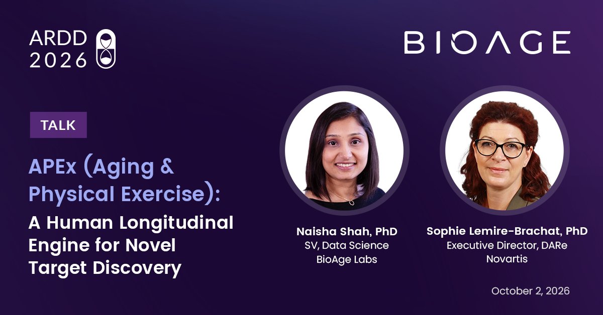 bioagelabs's tweet photo. No intervention has a stronger track record for healthy aging than exercise — but which molecular pathways carry that benefit, and which of them can we turn into medicines? BioAge and Novartis are partnering to find out, with a shared goal: new drugs for diseases of aging, aimed at novel targets.

Today at @ARDD_meeting, Naisha Shah, PhD, BioAge SVP of Data Science, and Sophie Lemire-Brachat, Executive Director for Diseases of Aging and Regenerative Medicine (DARe) at Novartis, will share progress from the collaboration in a joint talk: "APEx (Aging and Physical Exercise): A Human Longitudinal Engine for Novel Target Discovery."

Each partner brings complementary strengths: BioAge contributes our longitudinal human aging cohorts and the target discovery platform we've built on those data, and Novartis provides deep expertise in exercise biology, including detailed proteomic maps of how the human body responds to training.

Together, we're identifying the exercise-activated pathways that also track with cardiometabolic health, physical function, cognition, and longevity over decades, and prioritizing the most promising as drug targets. Both companies will take targets discovered through the collaboration forward into drug development.

We're grateful to share the stage with our Novartis colleagues and to show what this partnership has produced so far.

About the collaboration: https://t.co/yjidoe2jLb

BioAge is a proud sponsor of ARDD 2026, running October 1–3 at Harvard University. Learn more: https://t.co/UtcM0zl0dI