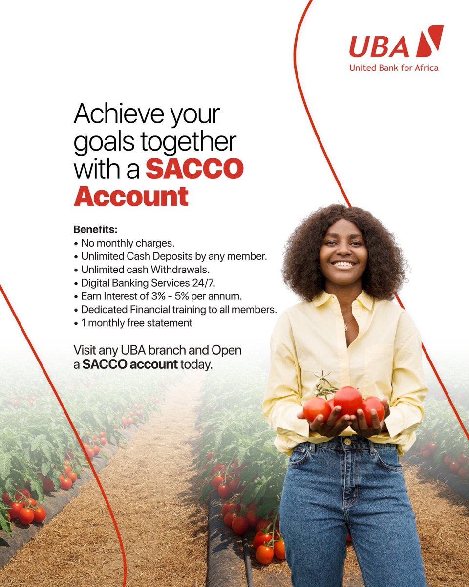 UBAUganda's tweet photo. 𝐀𝐜𝐡𝐢𝐞𝐯𝐞 𝐦𝐨𝐫𝐞 𝐰𝐡𝐞𝐧 𝐲𝐨𝐮 𝐠𝐫𝐨𝐰 𝐭𝐨𝐠𝐞𝐭𝐡𝐞𝐫!

2026 should be the year for growing together as a SACCO. 

Open a UBA SACCO Account and enjoy zero monthly charges, unlimited cash deposits and withdrawals, 24/7 digital banking, competitive interest earnings of 3%–5% per annum, free monthly statements, and dedicated financial training for members.

Visit any UBA branch today and start building a stronger financial future together.

#UBASACCOAccount #AfricasGlobalBank