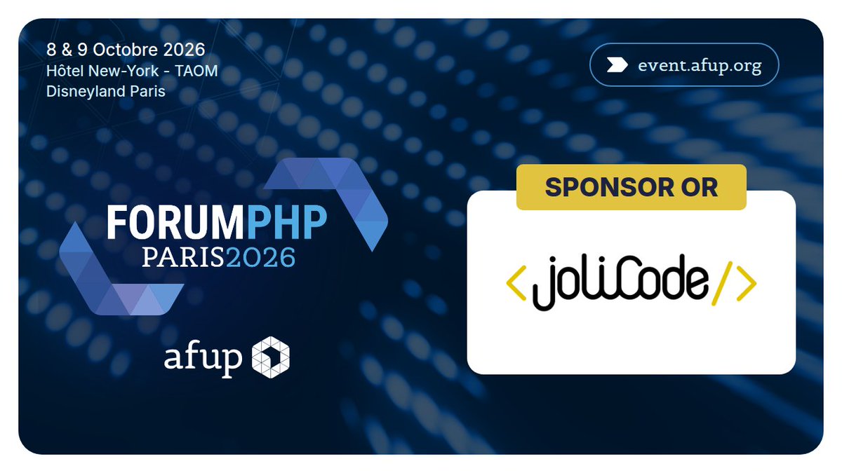 JoliCode's tweet photo. La semaine prochaine, c’est le #ForumPHP 2026 ! 🎉

Rendez-vous les 8 et 9 octobre à l’Hôtel New York, Disneyland Paris pour deux jours de talks et de rencontres avec la communauté PHP 🚀

Passez nous voir sur notre stand : on a hâte d’échanger avec vous ! #afup #php https://t.co/mYLZBGILUG