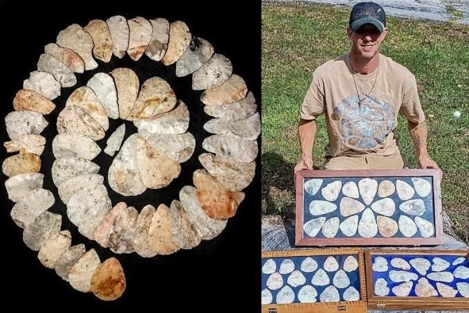 MoundLore's tweet photo. This is a hell of a thing to pull out of a soybean field.

51 large Burlington chert blades, stacked together and deliberately buried in northeast Missouri. They’re the kind archaeologists call North blades… Hopewell-era bifaces that could move enormous distances through exchange networks before ever becoming finished tools.

One turned up first.

Then they found the other 50 sitting together about four inches below the field.

Somebody put these there around 2,000 years ago.
