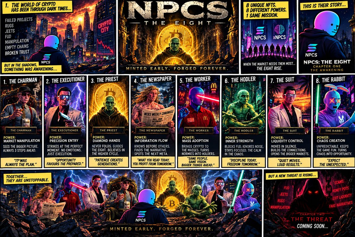 NPCS_6969's tweet photo. ⚡ NPCS: THE EIGHT — CHAPTER ONE

Eight NFTs.
Eight different characters.
One universe.

They survived the bear.
Now their story begins…

MINTED EARLY. FORGED FOREVER.
Chapter Two: THE THREAT 👀

#NPCS 🤝 $xNPCS
#NPCSNFT #Solana #NFT https://t.co/hkgPEzTqwG