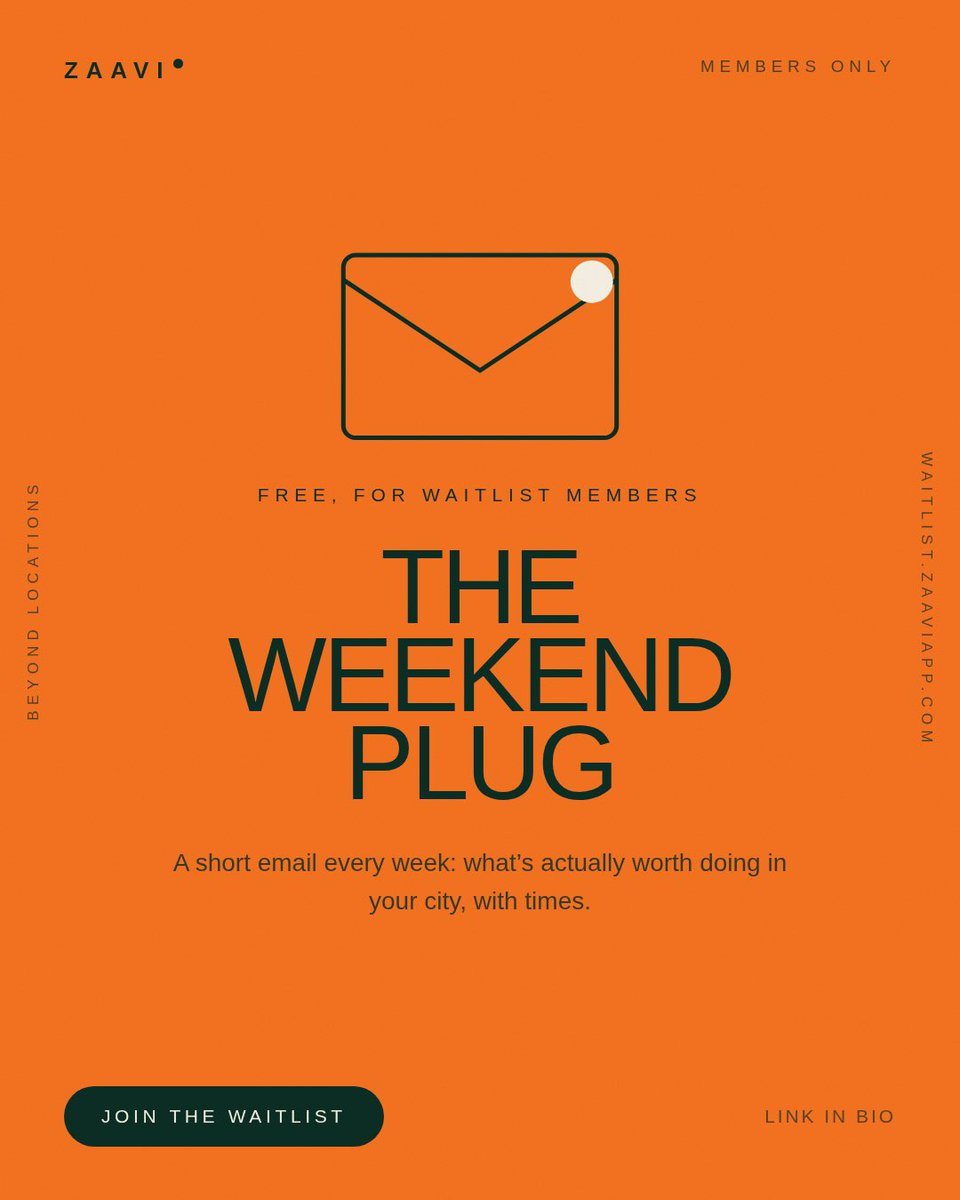 zaaviapp's tweet photo. Every week: a short email with what's actually worth doing in your city that weekend. Curated, verified, with time.
Free. Only for people on the waitlist.
link in bio.
Join the waitlist
#TheWeekendPlug #Zaavi #WeekendPlans #ThingsToDoInLagos #Newsletter #NaijaWeekend https://t.co/1X1wrFNijY