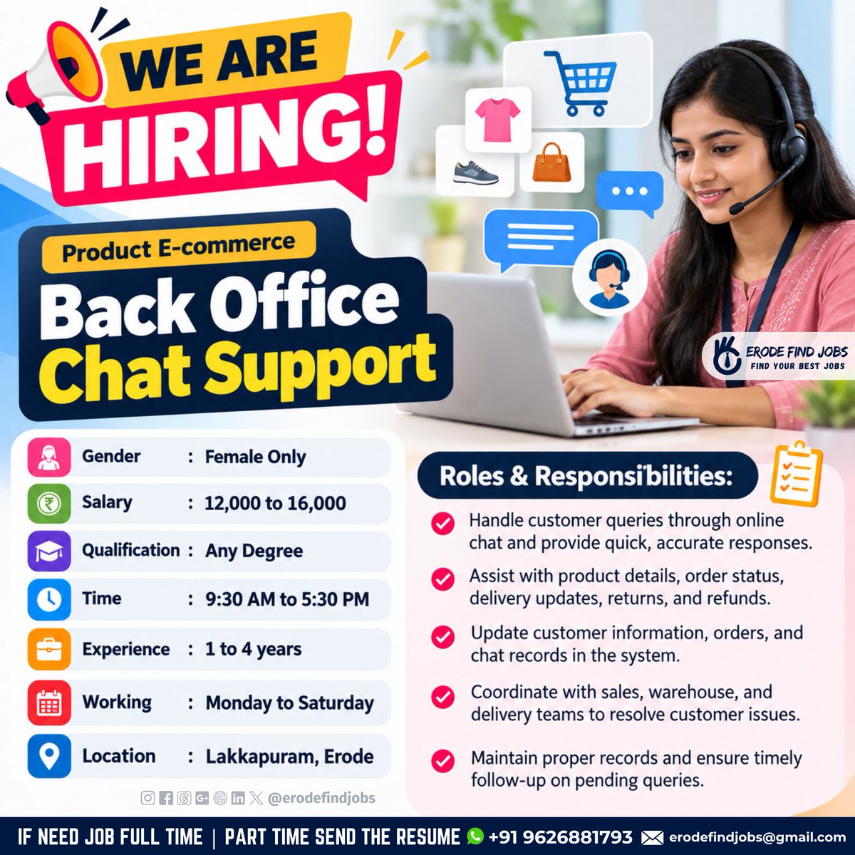 Erodefindjobs's tweet photo. WE ARE HIRING!
Back Office Chat Support
Apply Now!
Send your resume to:
Email: erodefindjobs@gmail.com
Phone: +91 96268 81793 / 94
#backofficejobs #chatsupportjobs #ecommercejobs #backofficeexecutive #customerservicejobs #chatjobs #supportjobs #erodejobs #fulltimejobs https://t.co/yBRPSPabVU