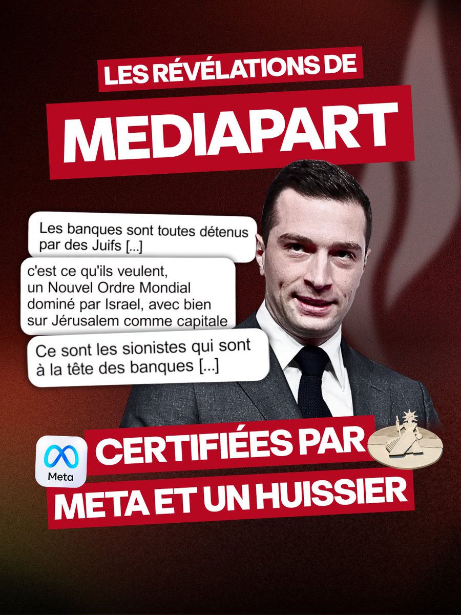 Renaissance's tweet photo. 🔴 Mediapart a fait certifier les messages antisémites de Bardella par Meta et un huissier. Il n'a plus aucune excuse.

➡️ Ne laissons pas le RN fracturer davantage la France. Rejoignez-nous sur https://t.co/aC4IjJKB3j https://t.co/XQy0BSQNRj