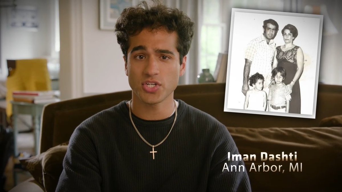 A young man with curly hair and a black shirt with a cross necklace is shown alongside a black and white family photo, with text identifying 'Iman Dashti, Ann Arbor, MI'.