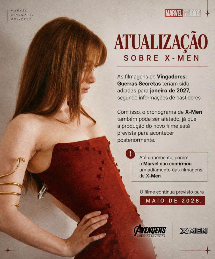 psadiesink's tweet photo. As filmagens de Vingadores: Guerras Secretas teriam sido adiadas para janeiro de 2027, segundo informações de bastidores.

Com a mudança, o cronograma de produção de X-Men também pode sofrer alterações, já que as filmagens do novo longa estão previstas para acontecer posteriormente.

#SadieSink #XMEN #VingadoresGuerrasSecretas