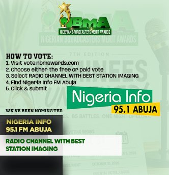 NigeriaInfoAbj's tweet photo. Vote for US:

• Best Radio Station (North)
Nigeria Info 95.1 Abuja

• Radio Channel with Best Station Imaging
Nigeria Info 95.1 Abuja

• Most Informative &amp; Educative Radio Programme of the Year
I Beg To Differ - Nigeria Info FM

🧵 https://t.co/GvWIvcOlWh