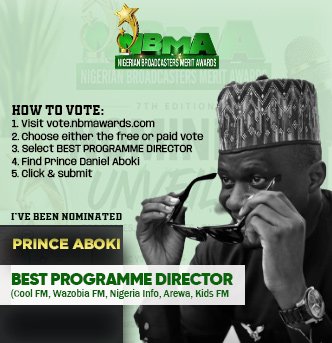 NigeriaInfoAbj's tweet photo. Vote for US:

• Best Radio Station (North)
Nigeria Info 95.1 Abuja

• Radio Channel with Best Station Imaging
Nigeria Info 95.1 Abuja

• Most Informative &amp; Educative Radio Programme of the Year
I Beg To Differ - Nigeria Info FM

🧵 https://t.co/GvWIvcOlWh